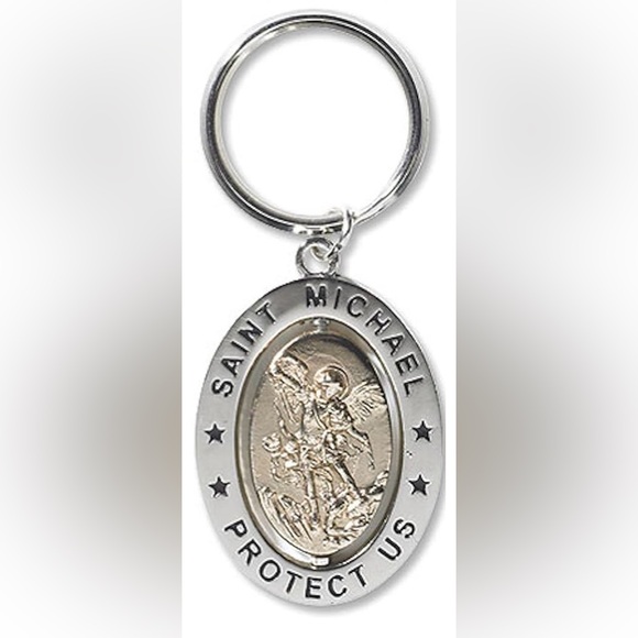 Saint St Michael 3 1/4" Zinc Alloy Silver Plate Revolving Dual Tone Key Ring - Picture 1 of 1